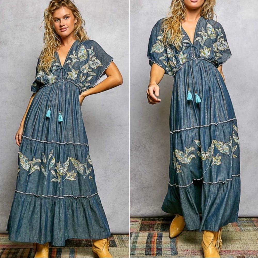 POL Blue Oversized Cotton Embroidered V Neck Maxi Dress w/Gold Detail! - Picture 3 of 7